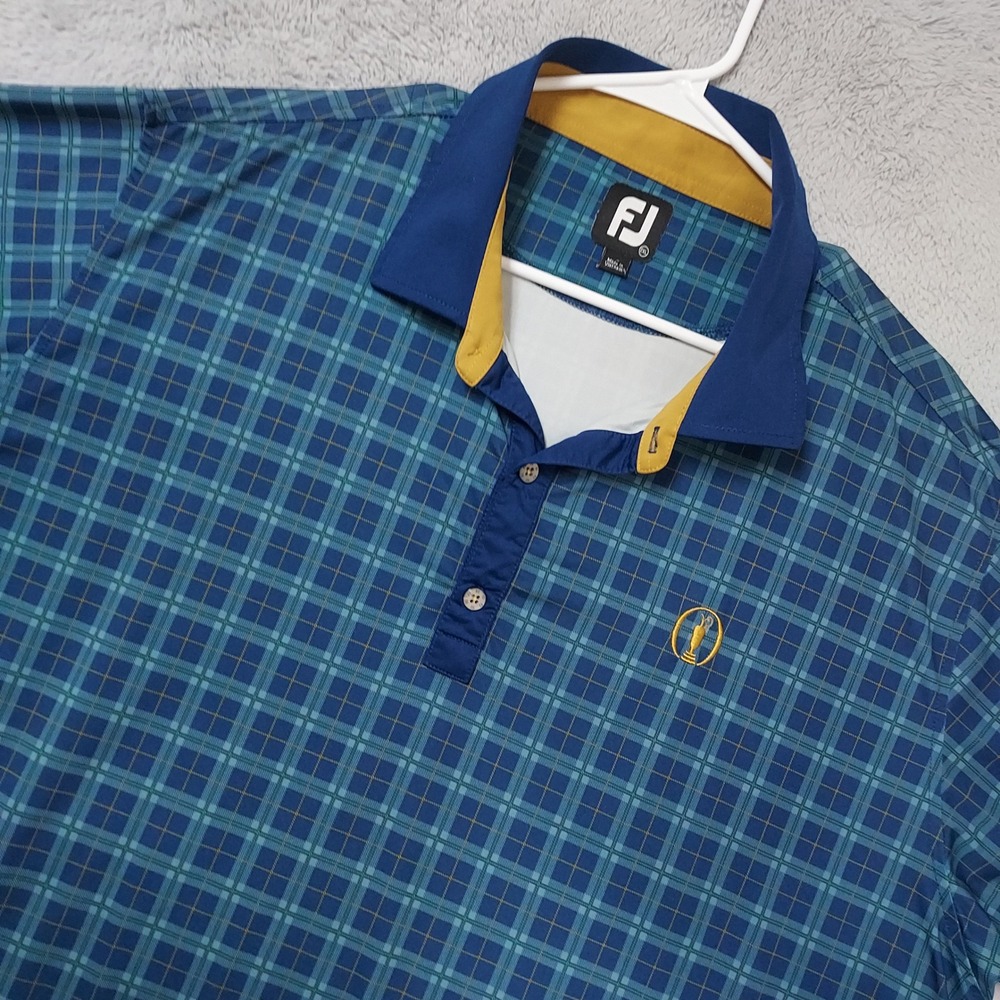 FootJoy Polo Shirt Mens 2XL Tartan Plaid Golf Short Sleeve Blue Jersey Stretch